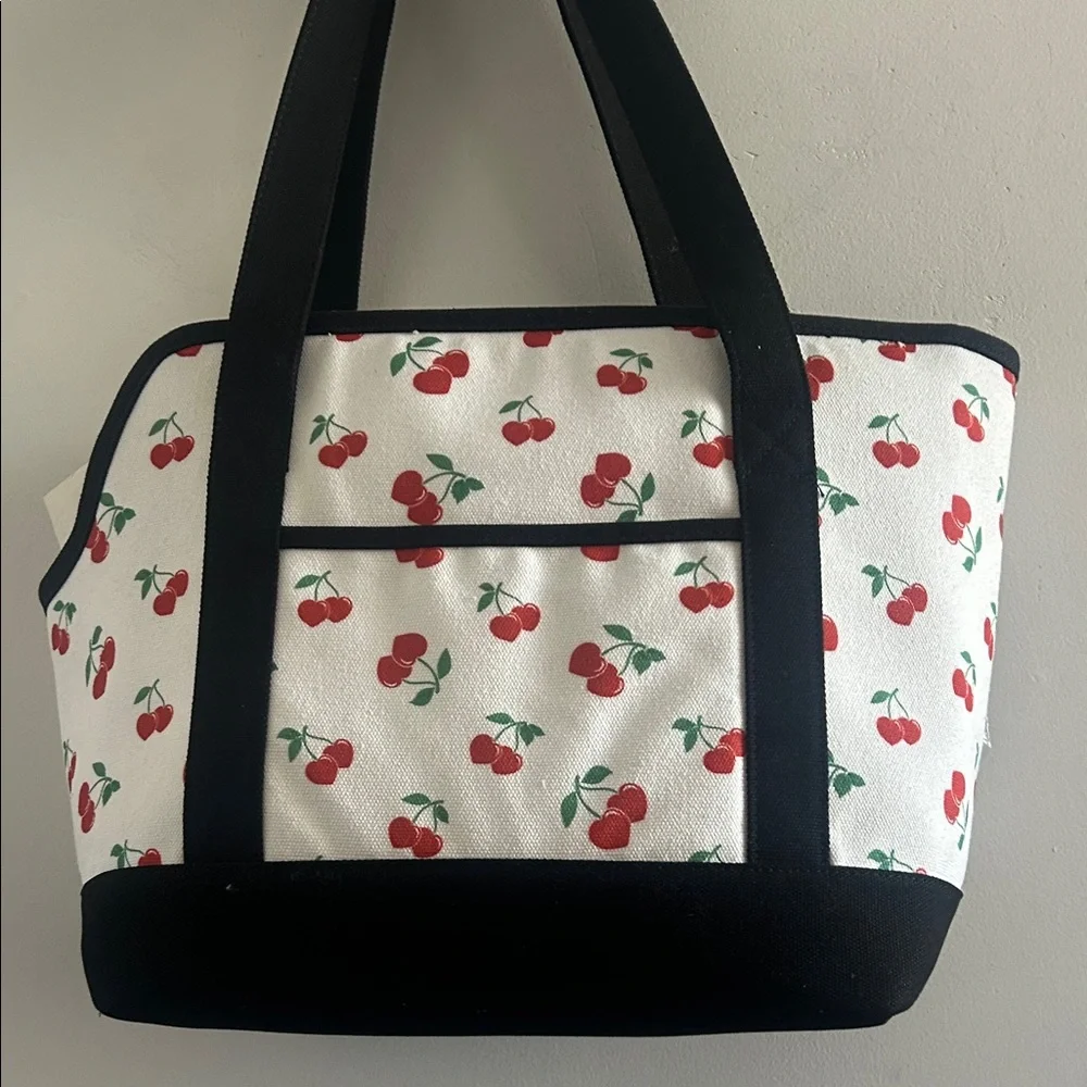 Betsey Johnson, Pet Carrier White Cherry Print Tote with Black Trim